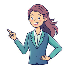Business woman pointing finger at something. Happy face. Hand drawn style vector design illustrations. 