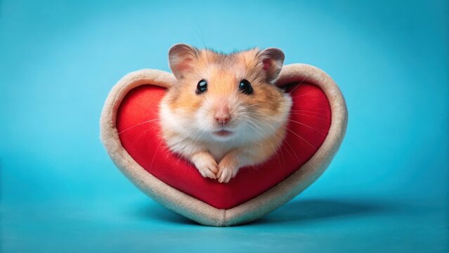 Adorable hamster snuggled up on a soft blue background with a heart-shaped patch, radiating affection and warmth, as it gazes up at its loving companion , friendship, companion