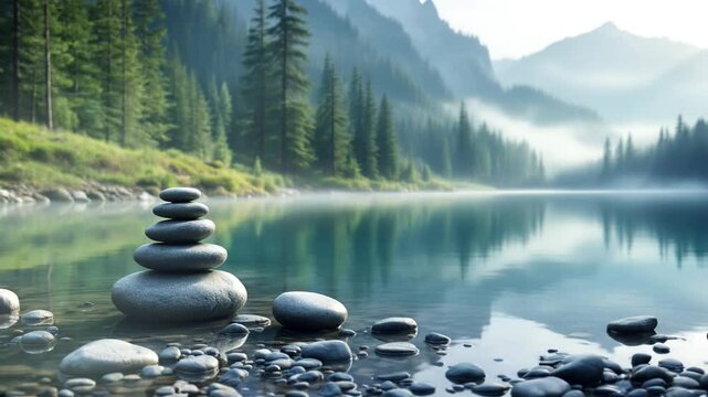 "Serene Mountain Lake and Stacked Stones &ndash; 4K Cinematic Visuals | Tranquil Nature Scene with Misty Mountains and Calm Waters | Peaceful Zen Stones in High Definition 4K"

