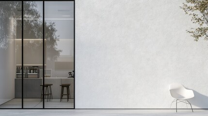 A contemporary coffee shop entrance, white stucco wall, pristine glass facade, and a lone designer chair creating a minimalist vibe