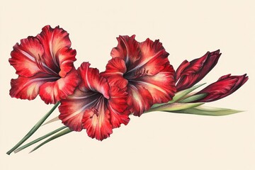 Delicate floral arrangement of red gladiolus blossoms.