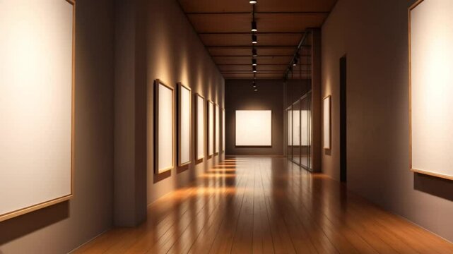 "Modern Art Gallery &ndash; 4K Cinematic Visuals | Elegant Hallway with Empty Frames | Contemporary Art Space in High Definition 4K"

