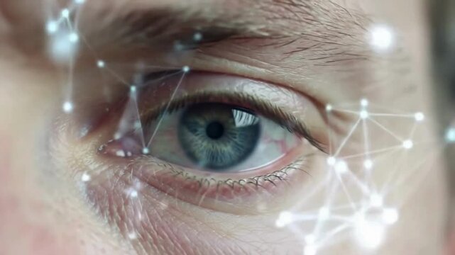 Eye tracking technology on human eye with digital interface overlay close up