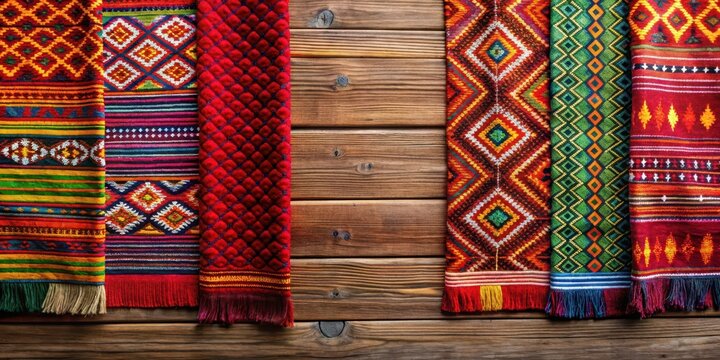 Traditional Batak Ulos Cloth with Vibrant Colors and Patterns displayed on a wooden background, batak culture, ulos batak cloth
