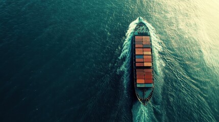 Container ship at sea on top view, beautiful ship.