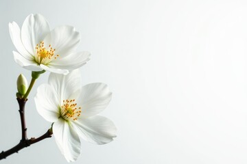 Fototapeta premium Delicate white blossom against pure white backdrop, white floral background, blossom, nature's beauty