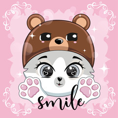 Text smile and cute cat in bear hat.