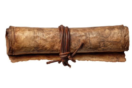 Aged paper scroll tied isolated on transparent png background