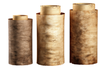 Three aged paper rolls isolated on transparent png background