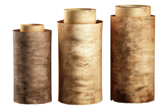 Three aged paper rolls isolated on transparent png background