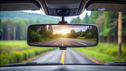 A rearview mirror with a built-in camera display showing a clear view of the road behind on a darkened dashboard, rearview mirror, vehicle interior