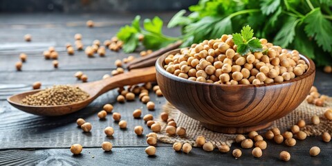 Fototapeta premium Chickpeas in a bowl with cumin seeds and coriander leaves, food, coriander, food, coriander,cumin, natural
