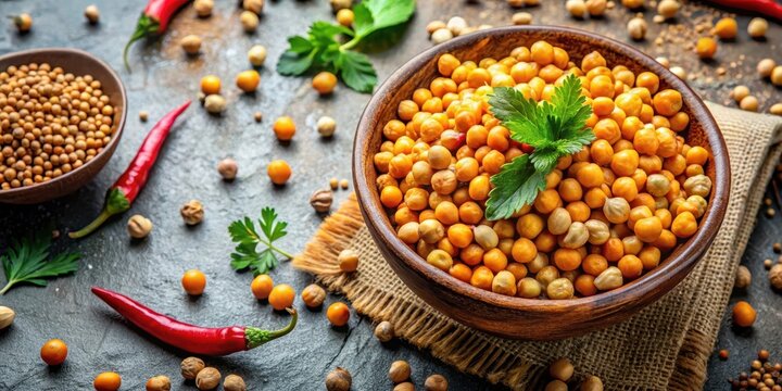 Chickpeas in a bowl with scattered cumin seeds and coriander leaves on top, colorful ingredients, coriander