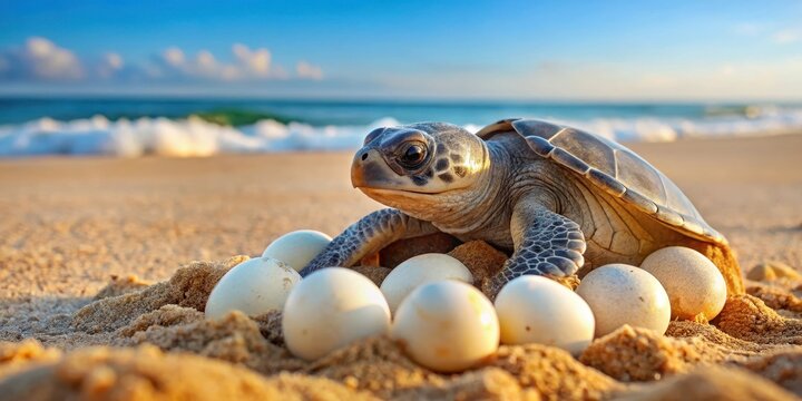 A sea turtle emerges from a nest on sandy beach with partially hatched eggs surrounding it, nature, sea turtle