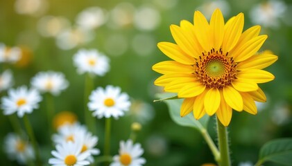 Obraz premium One bright yellow sunflower among many white daisies, vibrant, sunflower
