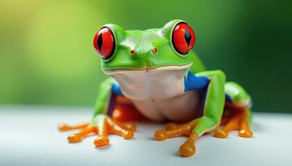Fototapeta premium Single red-eyed tree frog on white, captivating eyes, single, red eyes, clean background
