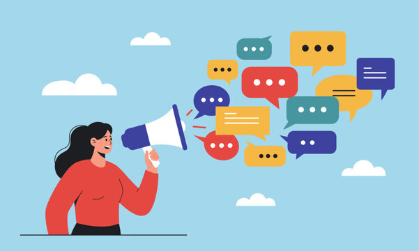 Professional Woman Communicates Message and Instructions Through Voice, Speech, and Dialogue in a Powerful Business Discussion and Chat Concept.