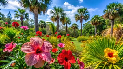 Fototapeta premium Vibrant Hibiscus flowers in a sunny Florida garden surrounded by native plants like Palmetto and Sawgrass, Palmetto