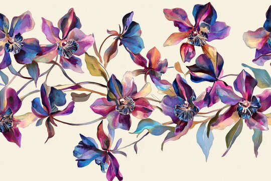 Vibrant floral design with ornate blossoms and flowing stems.