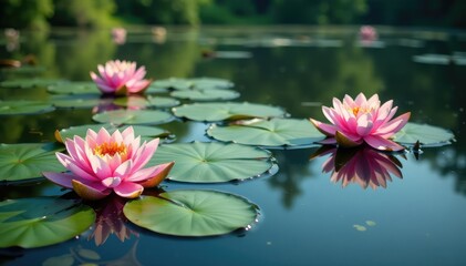 Water lilies create a floral pattern across still lake, spring, nature, floral