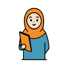 a cartoon women Muslim holding a book illustration.