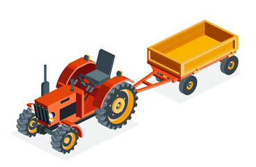 Naklejka premium Isometric old red tractor without roof with trailer isolated on white background. Vintage object. Large heavy modern agricultural tractor for fieldwork.