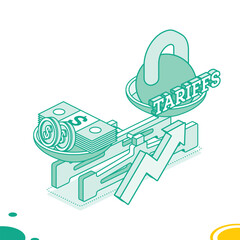 Tariffs symbol weighing down the economy. Balance scales with money and kettlebell. Isometric mechanical scales with coins and paper banknotes. Scales with bowls. Arrow up.