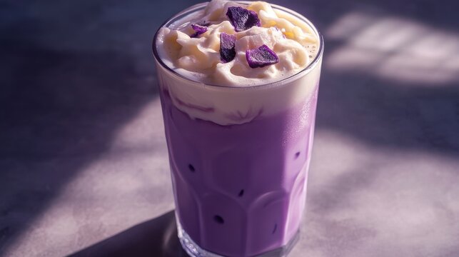 Iced ube latte with coconut milk and foam