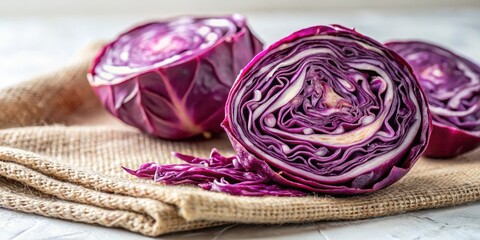 Fototapeta premium Crunchy red cabbage slices on a white background with a natural fiber cloth-up texture and subtle folds , kitchen, vegetable