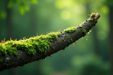 Naklejka premium A single tree branch with moss and lichen growing on it, woody, green