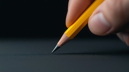 Hand Holding Yellow Pencil Preparing to Write on Dark Surface, Creating a Textured Look.