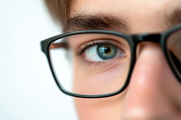 Close-up of a man wearing glasses on a white background, a man wearing glasses looks up
