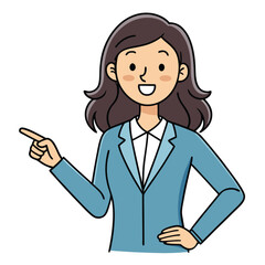 Business woman pointing finger at something. Happy face. Hand drawn style vector design illustrations. 