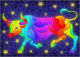 Illustration in stained glass style with an abstract rainbow bull on the background of the night sky and stars