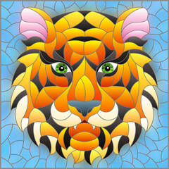 The illustration in stained glass style painting with a tiger's head on a blue background, rectangular image
