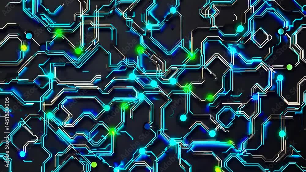 Poster a vibrant abstract representation of a circuit board, featuring intricate pathways and glowing eleme