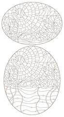 A set of contour illustrations in the style of a stained glass window with lotus flowers on a background of sky and water