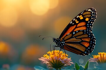 Monarch Butterfly on Flower at Sunset: A vibrant monarch butterfly with its iconic orange and black wings delicately rests on a bright yellow flower, the setting sun casting a warm, golden glow.