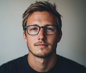 Obraz premium Close-up of a man wearing glasses on a white background, a man wearing glasses looks up