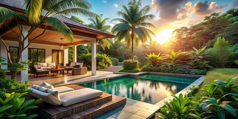 Fototapeta premium Luxurious Tropical Villa Poolside Paradise: Jacuzzi, Greenery, Vacation Getaway