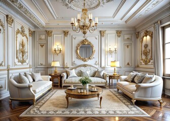 Luxurious White Living Room Interior Design: Ornate Details & Elegant Decor