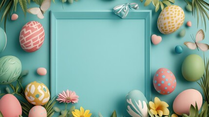 Happy Easter background with message, frame and easter eggs scene