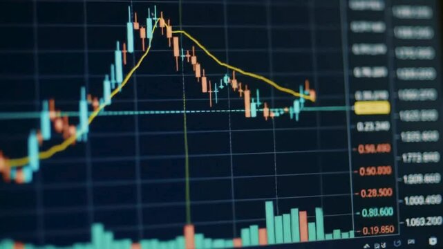 Stock market chart analysis with candlestick patterns and moving averages