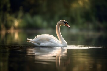 A majestic swan gracefully gliding on a tranquil lake surrounded by lush green vegetation and reflections