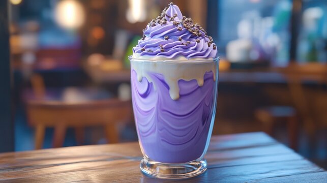 Purple ube latte with creamy swirls and an indulgent topping, offering a delicious treat in an inviting coffee shop setting. Video made using Generative AI