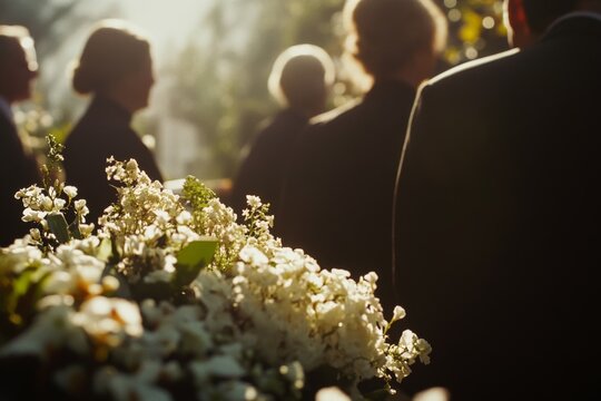 Family members mourning around a floral arrangement in sunlight  