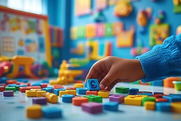 Fototapeta premium Playtime Puzzle: An intimate shot of a child's hand arranging colorful wooden blocks in a vibrant playroom, a testament to exploration, education, and the wonders of early childhood.