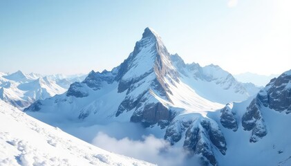 Snow-covered mountain peak against clear white sky, scenic, alpine
