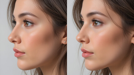 A woman with a close-up of her profile displaying the nose before and after a non-surgical nose job illustrating the refined and balanced appearance