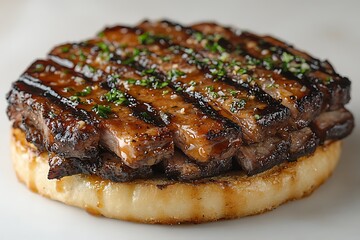 Grilled Beef Slice on Bun: A close-up shot of a succulent grilled beef slice, artfully arranged on a soft, golden-brown bun, captures the essence of culinary delight. A symphony of flavors awaits.